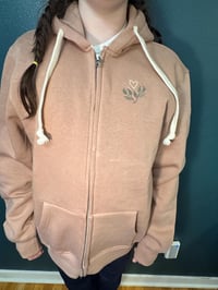 Image 5 of Embroidered Full Zip Hoodie | Stay Human, No One Is Illegal | Rose Pink, Size Large