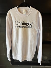 Image 6 of Unhinged Softball Mom’s Club Embroidered Crewneck Sweatshirt | Funny Softball Mom Pullover | White