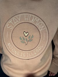 Image 6 of Embroidered Full Zip Hoodie | Stay Human, No One Is Illegal | Rose Pink, Size Large
