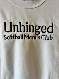 Image 7 of Unhinged Softball Mom’s Club Embroidered Crewneck Sweatshirt | Funny Softball Mom Pullover | White