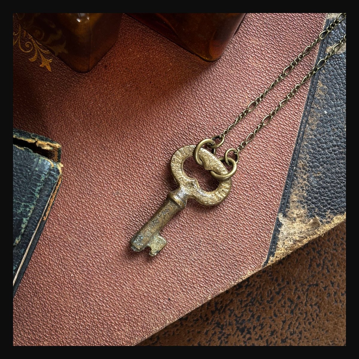 Small Brass Skeleton Key Necklace with line detail