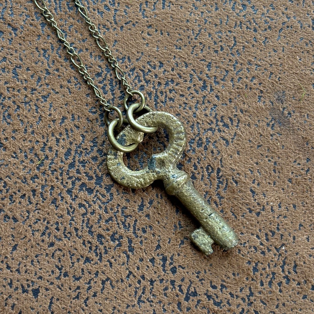 Small Brass Skeleton Key Necklace with line detail