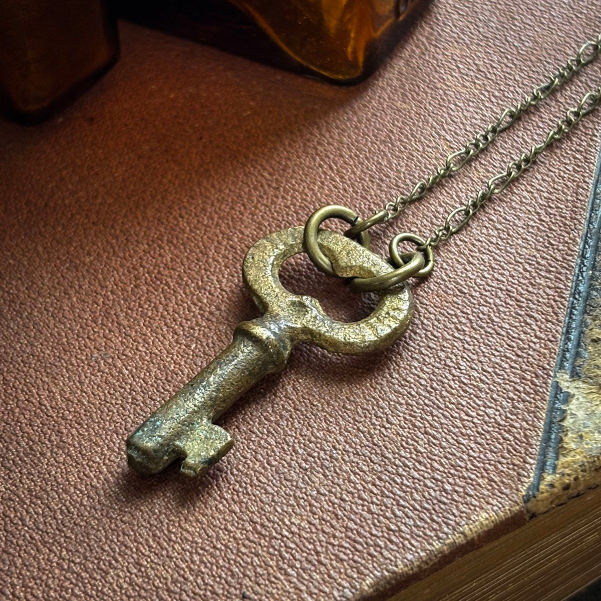 Small Brass Skeleton Key Necklace with line detail