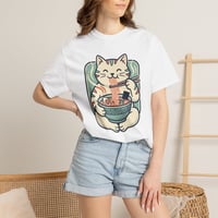 Image 4 of Ramen Cat T-Shirt — Cute Maneki Neko Eating Ramen Graphic Tee