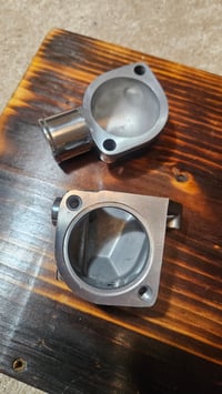 Image 4 of 240z Thermostat housing - upper/lower - NEW - polished