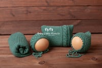 Image 1 of Knitted pillow wrap and bonnets set sea
