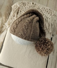 Image 3 of Photo prop | Newborn knitted sleep hat for photoshoot | brown | with pompom