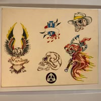 Image 1 of 1980’s Hand Drawn Hand colored Harley skulls sheet from unknown artist 11x14