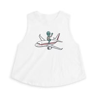 Image 5 of Alien Pilot Crop Top — Cute UFO Alien Riding Airplane Graphic Tank