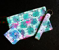 Image 1 of Colorful Handmade Matching Set, flamingo, tropical, leaves, gift, zipper, bookmark, key, lanyard