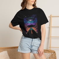Image 1 of Alien Abduction Road Trip T-Shirt — Retro UFO Night Sky Tee