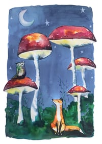 Owl and Fox at Midnight Watercolour A4 Print