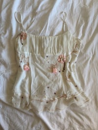 Image 1 of  Y2K 2000s white corset style cami with pink applique flowers, embroidery, sequins and beads 