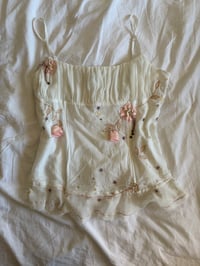 Image 7 of  Y2K 2000s white corset style cami with pink applique flowers, embroidery, sequins and beads 
