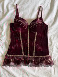 Image 1 of Y2K 2000s Rare Burgundy Corset Style Top With Sequins and Ruffle Hem 