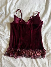 Image 2 of Y2K 2000s Rare Burgundy Corset Style Top With Sequins and Ruffle Hem 