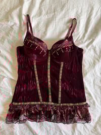 Image 7 of Y2K 2000s Rare Burgundy Corset Style Top With Sequins and Ruffle Hem 