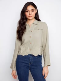 Embroidered Hem Linen Blend Jacket - Sage