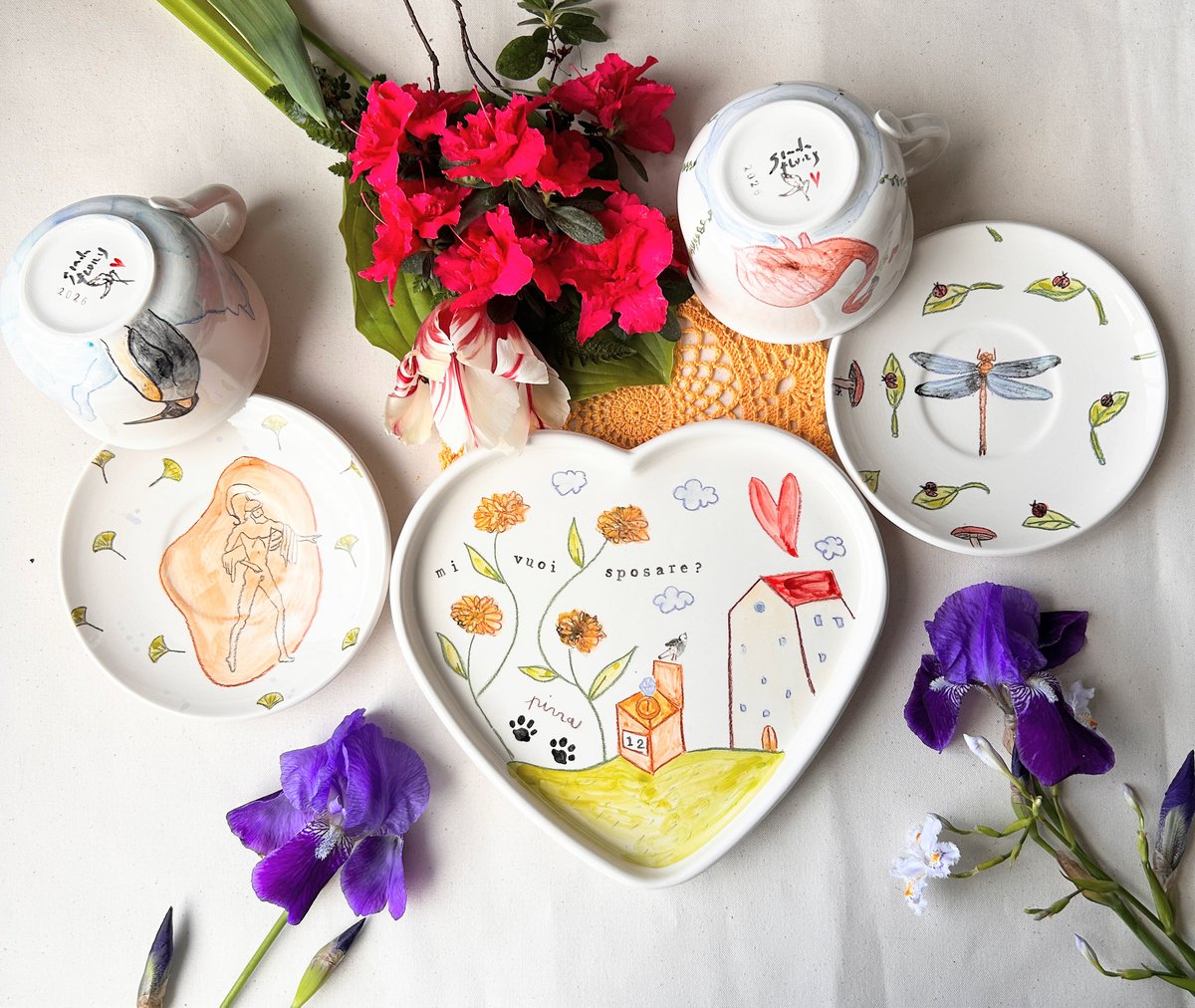 SET VASSOIO CUORE + 2 TAZZE CAFFELLATTE + 2 PORTATOVAGLIOLI