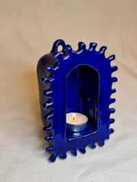 Image 3 of Cobalt Blue Ceramic Candle Lantern – Handmade Sculptural Tealight Holder with Arched Opening