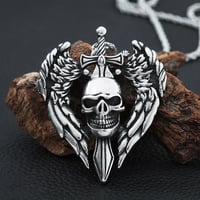 Image 2 of 👑The Armored Kingdom Skullblade of Valor Necklace-with Winged Sword and Skull Design 