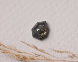 Image of 18ct yellow gold, Hexagonal Grey diamond Trilogy ring (LON239)