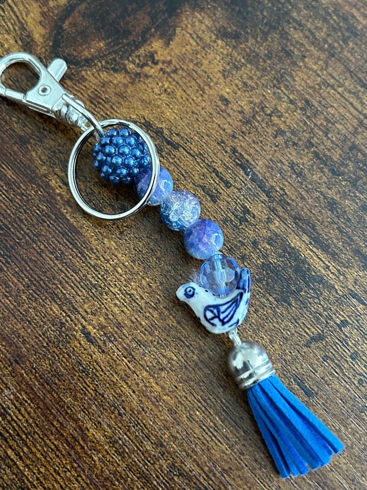 Image of Blue ceramic bird keyring