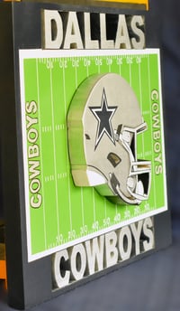 Image 3 of Dallas Cowboys Hand Crafted NFL 3D Wooden Team Helmet Wall Hanging Artwork. 