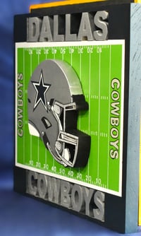 Image 4 of Dallas Cowboys Hand Crafted NFL 3D Wooden Team Helmet Wall Hanging Artwork. 