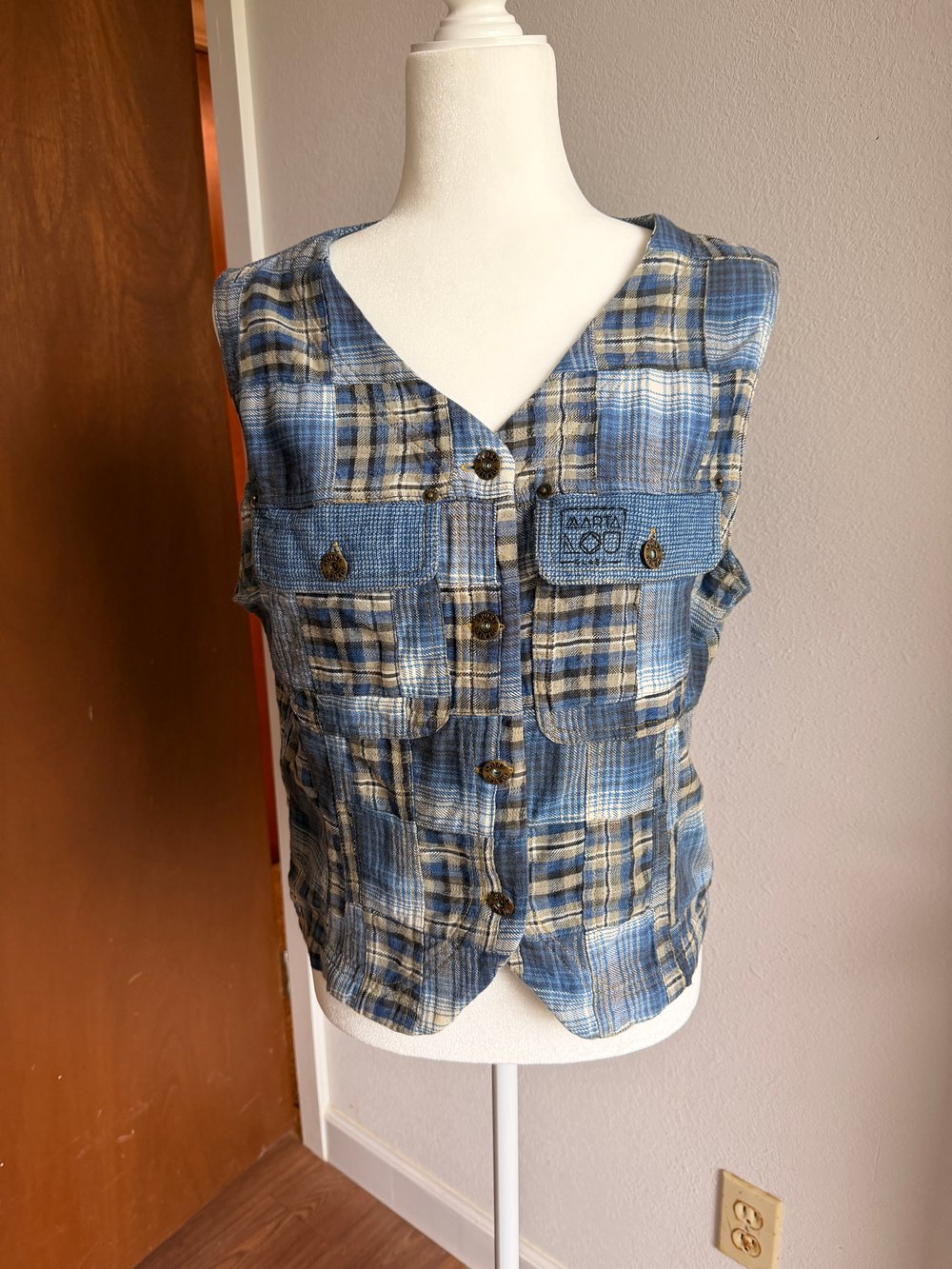 Image of Hand Stamped Patchwork Plaid Vest — Roadrunner