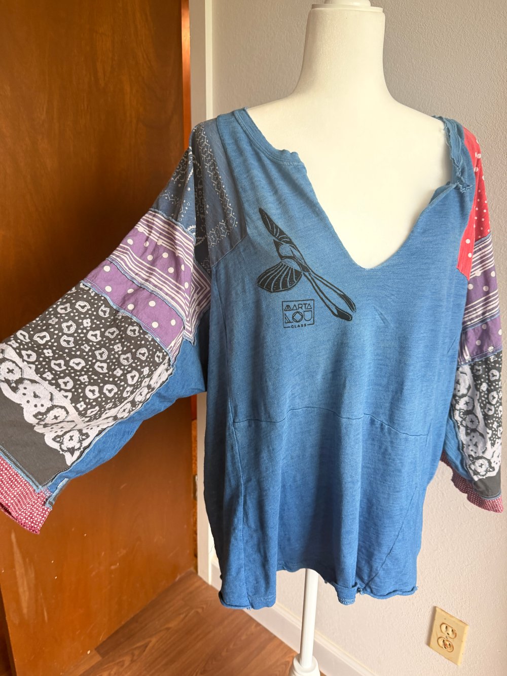 Image of Hand Stamped Free People Top — Scissor Tail Flycatcher & Bandana Sleeves