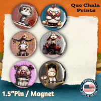 Image 1 of Farm Animal Button Pins or Magnets (1.5"), Pig, Donkey, Cat, Rooster, Lamb