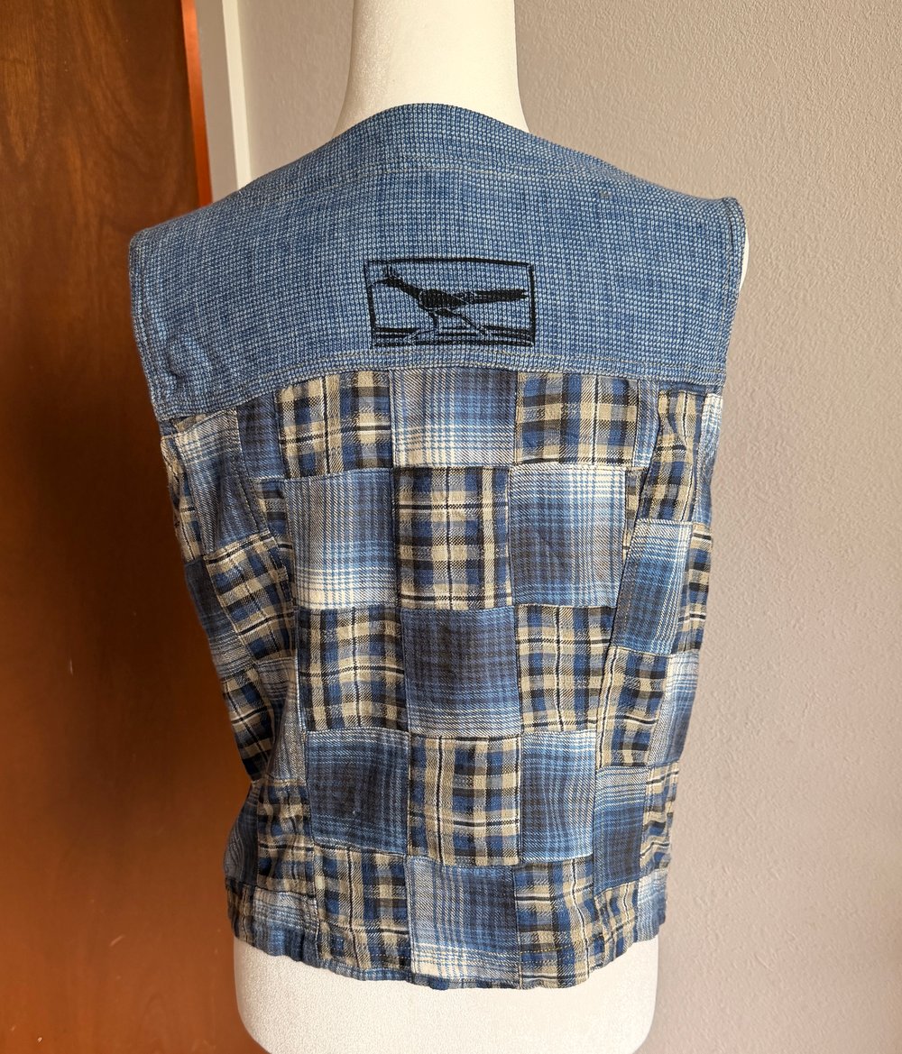 Image of Hand Stamped Patchwork Plaid Vest — Roadrunner
