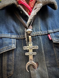 Image 1 of WL&A Old Style Medicine Isleta Cross Pendant with Silver Half Dollar Pearl - Size 4.25in x 2in