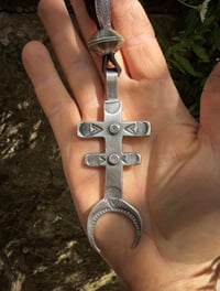 Image 2 of WL&A Old Style Medicine Isleta Cross Pendant with Silver Half Dollar Pearl - Size 4.25in x 2in