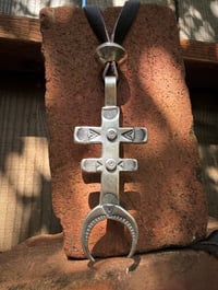 Image 4 of WL&A Old Style Medicine Isleta Cross Pendant with Silver Half Dollar Pearl - Size 4.25in x 2in
