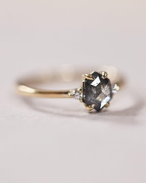 Image of 18ct yellow gold, Hexagonal Grey diamond Trilogy ring (LON239)