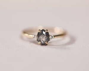 Image of 18ct yellow gold, Hexagonal Grey diamond Trilogy ring (LON239)