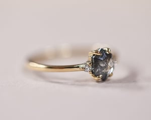Image of 18ct yellow gold, Hexagonal Grey diamond Trilogy ring (LON239)