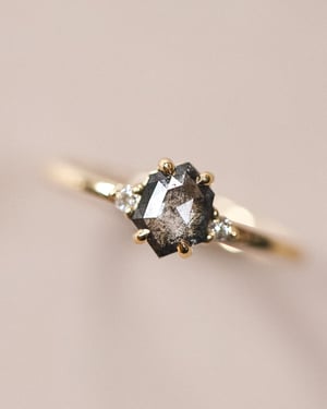Image of 18ct yellow gold, Hexagonal Grey diamond Trilogy ring (LON239)