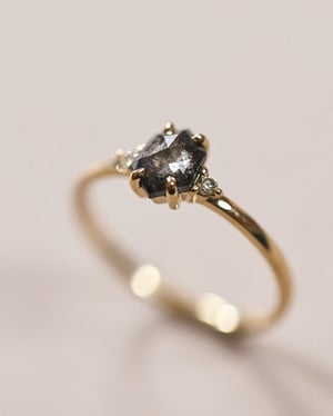 Image of 18ct yellow gold, Hexagonal Grey diamond Trilogy ring (LON239)