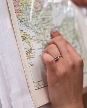 Image of 18ct yellow gold, Hexagonal Grey diamond Trilogy ring (LON239)