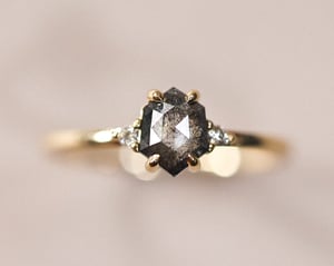 Image of 18ct yellow gold, Hexagonal Grey diamond Trilogy ring (LON239)