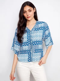 Printed Viscose V-Neck Blouse - Abstract