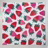 Image 2 of Strawberry Tea Towel - Block Printed - ~28x28 inches - Red and Pink