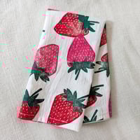 Image 4 of Strawberry Tea Towel - Block Printed - ~28x28 inches - Red and Pink