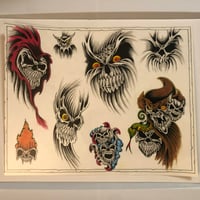 Image 1 of 1980’s hand colored skull flash sheet laminated 11x14