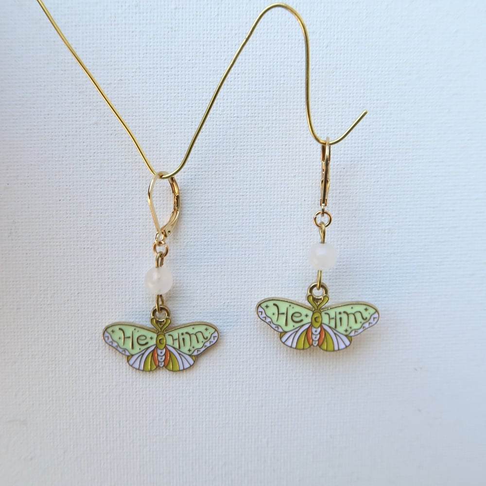 Image of He/Him Green Butterfly Earrings in Gold with White Jade