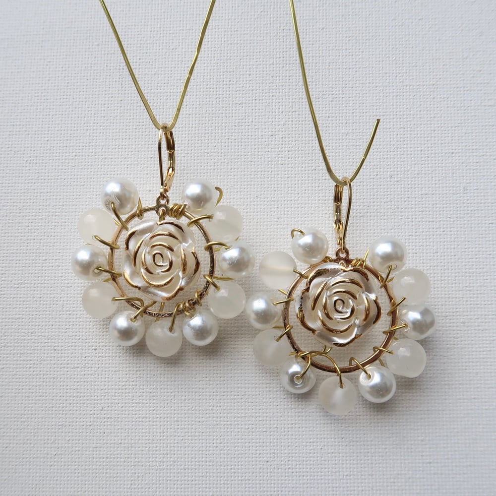 Image of Gold Rose Pearl Hoop Earrings