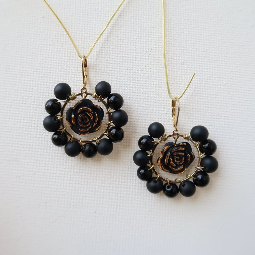 Image of Black Rose Beaded Hoop Earrings
